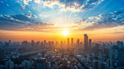Fototapeta premium A breathtaking sunrise illuminates a bustling city skyline, with rays of sunlight breaking through clouds, creating a serene urban landscape..