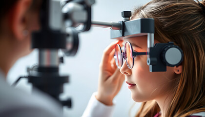 Vision, test and girl for eye exam in the opthalmologist office with equipment for glasses. Optics, examination and female child testing for eyecare health or wellness for optometry for healthcare i