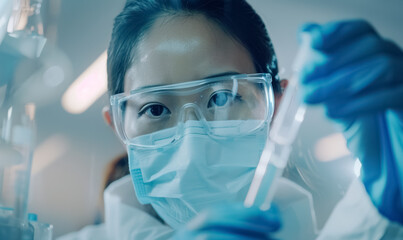 focused female scientist in glasses and purple gloves holds up test tube with biotech sample liquid, biotechnology experiment in laboratory environment