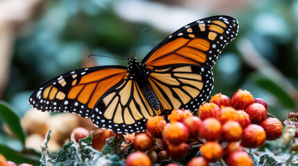 Fototapeta premium vibrant monarch butterfly resting on colorful flowers, showcasing natures beauty