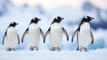 Fototapeta premium Marching penguins on icy terrain create charming scene of unity and grace