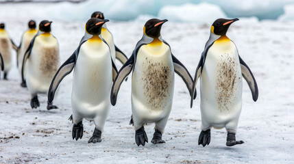 Fototapeta premium Marching penguins across frozen terrain create lively scene