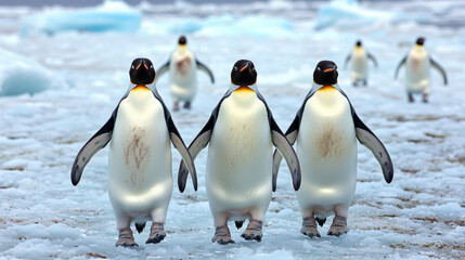 Fototapeta premium Marching penguins on frozen ice create charming scene in Antarctic