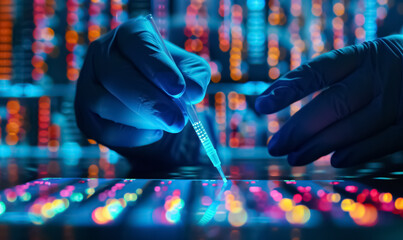 gloved scientist examines vibrant digital data, technology research in molecular biology and innovative data analysis techniques
