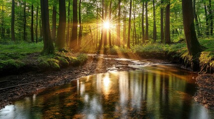 Fototapeta premium Serene Forest Stream at Sunrise with Sun Rays