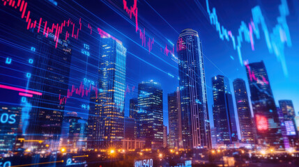 Obraz premium Dynamic city skyline with financial data overlay, showcasing growth and investment trends