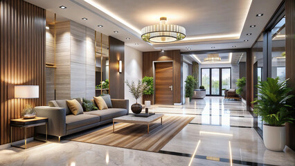Modern light interior hotel business hall, real estate illustration, 3d rendering