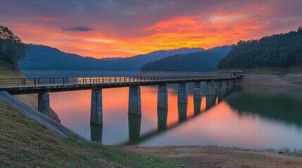 Obraz premium Serene Sunset Over Calm Water Body and Bridge
