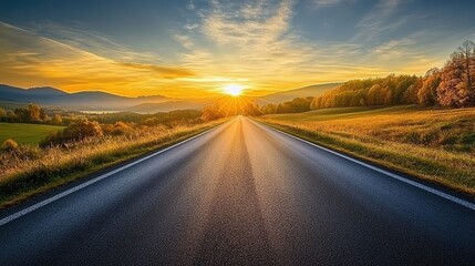 Naklejka premium Serene Sunrise Over Open Road and Rolling Hills