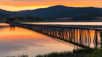 Obraz premium Serene Sunset Over Tranquil Lake and Wooden Pier