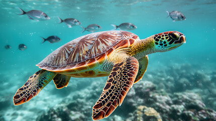 Fototapeta premium Swimming turtle gliding through clear water with fish nearby, showcasing marine beauty