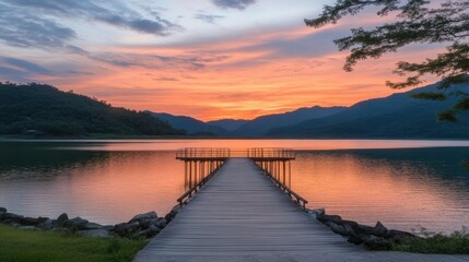 Obraz premium Serene Sunset Over Tranquil Lake with Wooden Dock