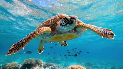 Fototapeta premium Swimming turtle gliding through clear water above vibrant coral reefs