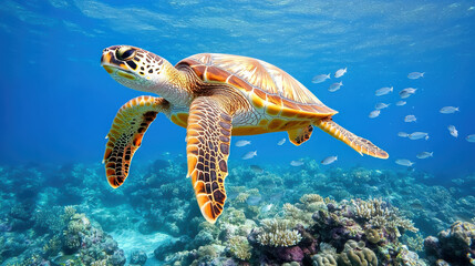Fototapeta premium Swimming turtle gliding through vibrant coral reefs, surrounded by fish