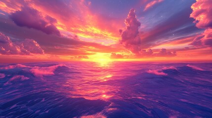 Fototapeta premium A magical sunset over a surreal ocean, with glowing waves and a sky filled with vibrant, dreamlike colors
