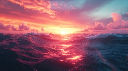 Fototapeta premium A magical sunset over a surreal ocean, with glowing waves and a sky filled with vibrant, dreamlike colors