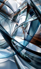 Smooth flowing glass shapes in dynamic composition, transparency and fluid motion evoke futuristic, elegant feel, reflective light and modern design, waves and chrome structure background