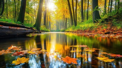 Obraz premium Tranquil Autumn Forest with Reflections in Water
