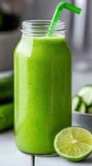 Refreshing green smoothie in a glass jar with a lime wedge, perfect for a healthy start to the day.