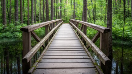 Fototapeta premium Wooden Bridge in Lush Green Forest Landscape