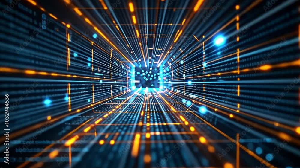 Poster This artwork depicts a captivating digital tunnel filled with dynamic blue and orange light trails, representing data flow in a high-tech realm.