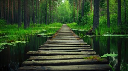Obraz premium Serene Wooden Pathway Through Lush Green Forest