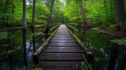 Tranquil Wooden Bridge in Lush Green Forest Setting