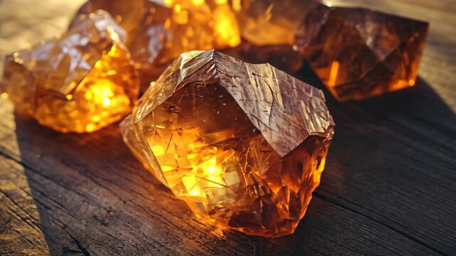 Golden crystals sparkle on a wooden surface, illuminated by the setting sun