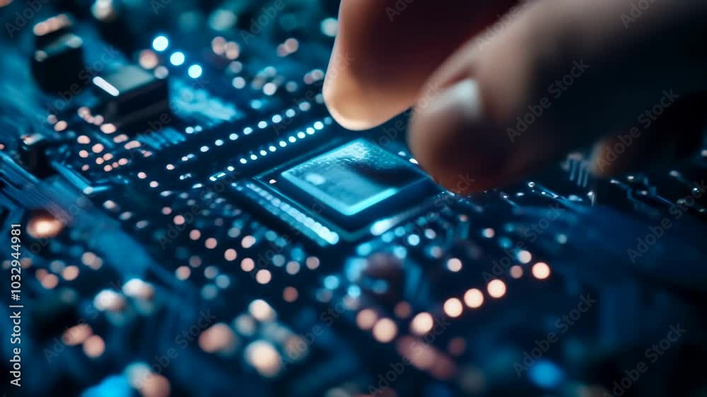 Poster Software developer works on computer code in a server room, touching the cpu on a motherboard. Blue hues surround them as they focus on technology and programming