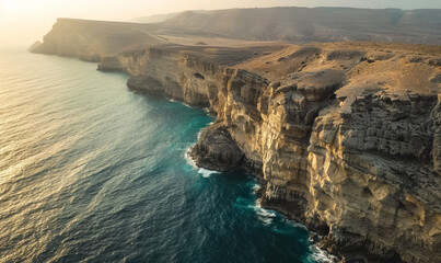Obraz premium hidden rocky island surrounded by blue waters and coral reefs, golden sunlight reflects on waves, untouched, rugged terrain