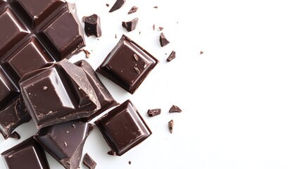 Pieces of dark chocolate isolated on white background.