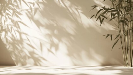 A wall with bamboo plants and a shadow on it