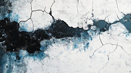 Abstract high contrast concrete banner, black and blue streaks on a cracked white surface, artistic texture, overhead shot, gritty and urban feel