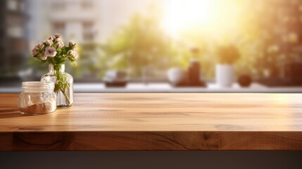 A table with a vase of flowers and a jar of salt