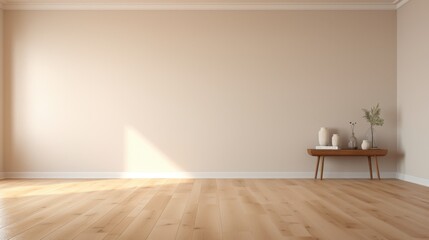 A large empty room with a wooden table and a vase on it