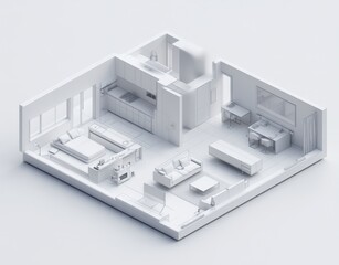 A white room with a bed, couch, and chairs