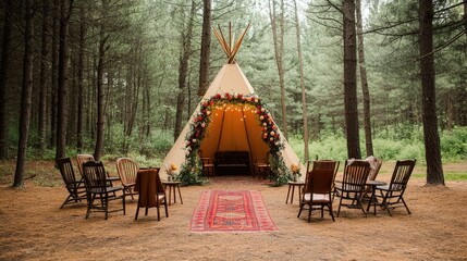 Cozy Teepee Setup Surrounded by Lush Forest