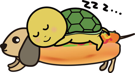 ホットドッグの上で寝る可愛い亀のキャラクターイラスト