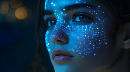 High-tech facial recognition grid projected onto a young woman's face, glowing softly in the darkness, sharp digital lines, modern cyber aesthetic
