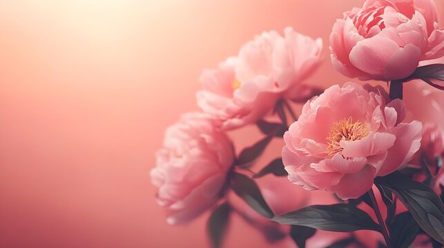 Vintage-style peonies on a smooth rose-pink background, muted colors, slightly faded petals, Mother's Day greeting card aesthetic, warm nostalgic tones