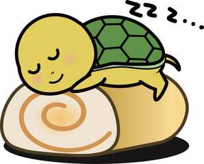 ロールケーキの上で寝る可愛い亀のキャラクターイラスト