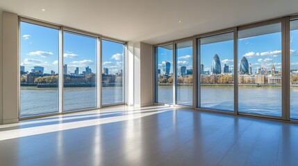 Fototapeta premium Modern Interior with River View and City Skyline