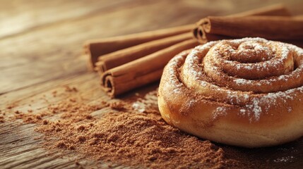 Freshly Baked Cinnamon Roll on Rustic Wooden Table