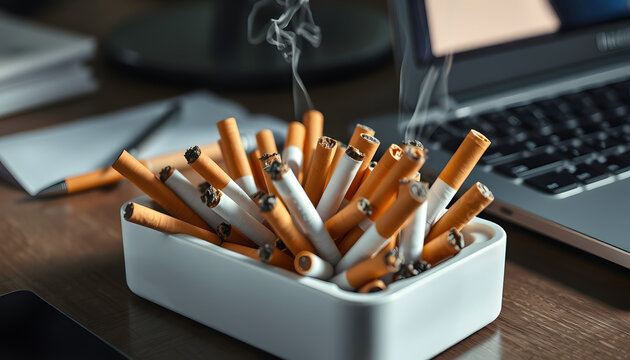 Many cigarette in white ashtray on the desk with laptop computer. Smoking to relieve stress at work but unhealthy isolated with white highlights, png