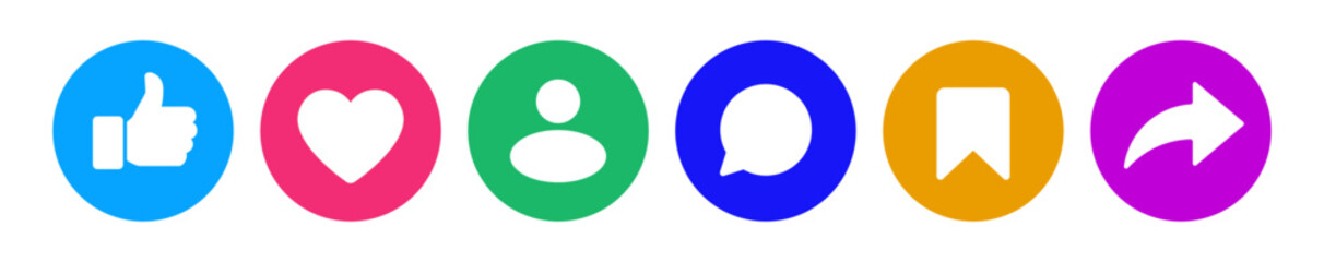 Me gusta, amor, corazón, pulgar hacia arriba, volver a publicar, comentar, compartir, guardar, botón de inicio de sesión de usuario de historias en círculo y formas de burbujas de discurso, reacciones