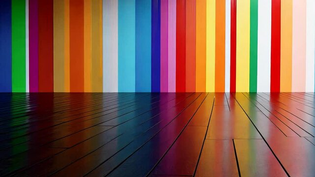 Rainbow Hues & Dark Wood Floor: Vibrant, colorful stripes on a wall reflected in a glossy dark wood floor. A bold and modern design backdrop perfect for showcasing products or concepts. 