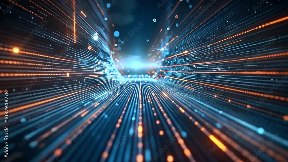Poster Radiant lines of light create a captivating visual effect, representing digital energy traveling through a futuristic space, evoking a sense of speed and motion.