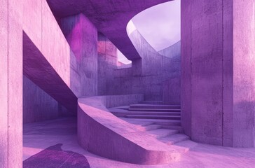 Abstract design featuring glowing purple lights and a concrete spiral staircase, showcasing modern architecture sci-fi environments, perfect for branding in creative industries.