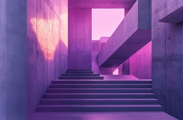Fototapeta premium Abstract design featuring glowing purple lights and a concrete spiral staircase, showcasing modern architecture sci-fi environments, perfect for branding in creative industries.
