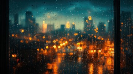 Obraz premium Close-up of raindrops on a window with a blurred cityscape in the background. Warm tones create a cozy, calm atmosphere. Ideal for urban weather themes or mood-setting designs.
